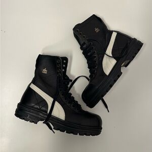 '02 PUMA RUDOLF DASSLER rare mens b&w leather utilitarian mid cut boots, 7.5 US.